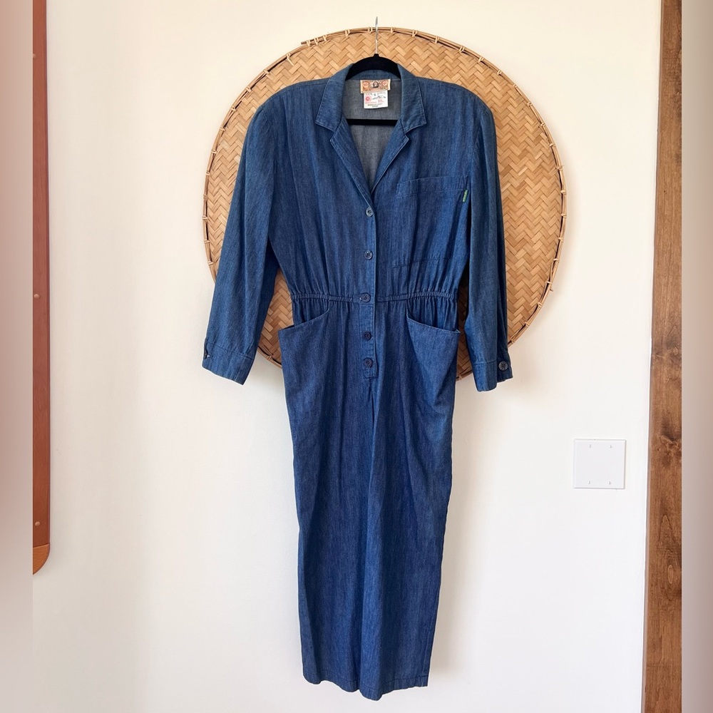 VINTAGE 80’S GENE EWING BIS BIS WRINKLED RICH DENIM DRESS W/ SHOULDER PADS - Picture 2 of 16